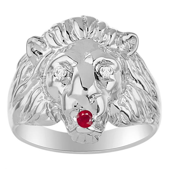 RYLOS 14K White Gold Lion Head Ring; Diamonds in Eyes & Gemstones in Mouth Fun Designer Rings - Ruby Mens Jewelry Size 13