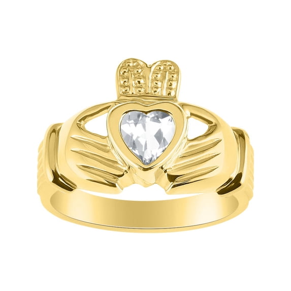 RYLOS Rings 14K Yellow Gold Claddah Love, Loyalty & Friendship Heart 6MM Gem Irish Wedding Band Claddagh Rings April White Topaz Jewelry Size 11