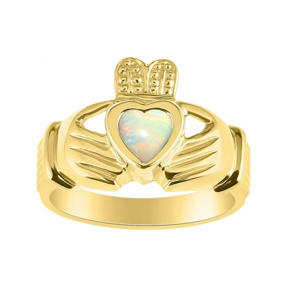 RYLOS Rings 14K Yellow Gold Claddah Love, Loyalty & Friendship Heart 6MM Gem Irish Wedding Band Claddagh Rings Exotic Opal African Jewelry Size 13
