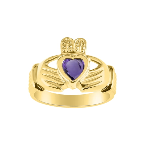 RYLOS Rings 14K Yellow Gold Claddah Love, Loyalty & Friendship Heart 6MM Gem Irish Wedding Band Claddagh Rings February Amethyst Jewelry Size 12