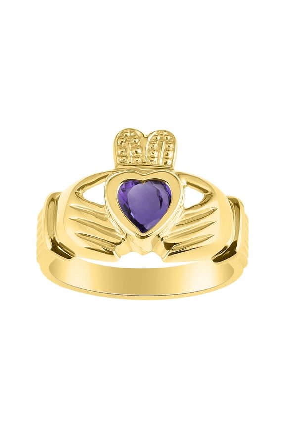 Rings 14K Yellow Gold Claddah Love, Loyalty & Friendship Heart 6MM Gem Irish Wedding Band Claddagh Rings February Amethyst Jewelry Size 5