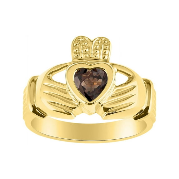 RYLOS Rings 14K Yellow Gold Claddah Love, Loyalty & Friendship Heart 6MM Gem Irish Wedding Band Claddagh Rings Smoky Quartz Jewelry Size 9