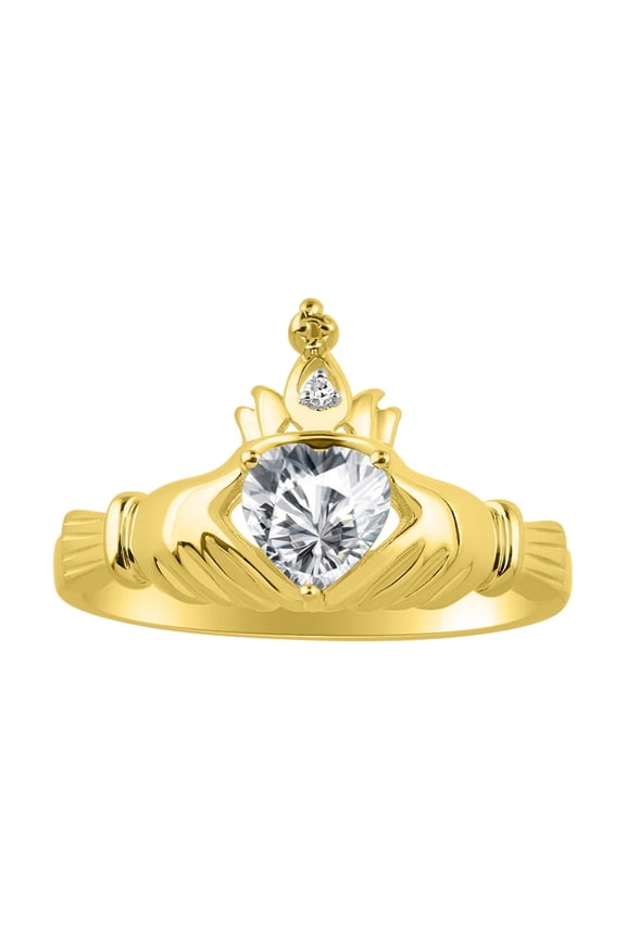 Rings 14K Yellow Gold Claddah Love, Loyalty & Friendship Ring Heart 6MM Gemstone & Diamond Claddagh Rings April White Topaz Jewelry Size 9