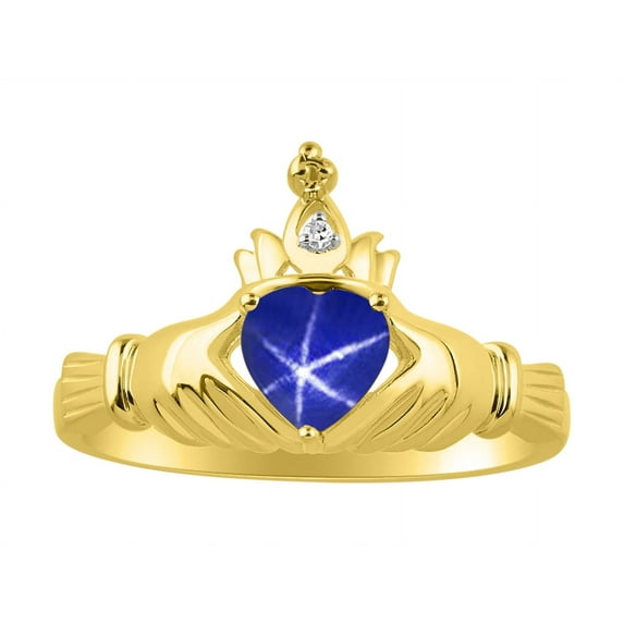 RYLOS Rings 14K Yellow Gold Claddah Love, Loyalty & Friendship Ring Heart 6MM Gemstone & Diamond Claddagh Rings Blue Star Sapphire Jewelry Size 11