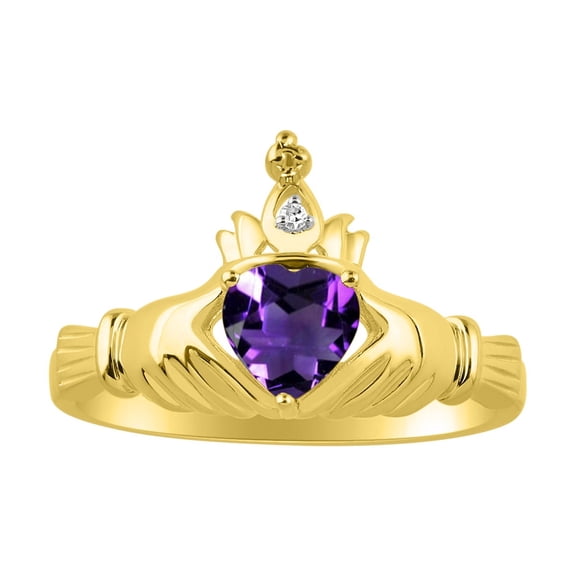RYLOS Rings 14K Yellow Gold Claddah Love, Loyalty & Friendship Ring Heart 6MM Gemstone & Diamond Claddagh Rings February Amethyst Jewelry Size 5