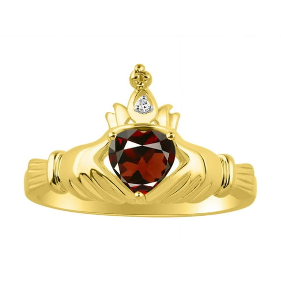RYLOS Rings 14K Yellow Gold Claddah Love, Loyalty & Friendship Ring Heart 6MM Gemstone & Diamond Claddagh Rings January Garnet Jewelry Size 13