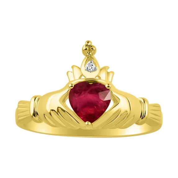 RYLOS Rings 14K Yellow Gold Claddah Love, Loyalty & Friendship Ring Heart 6MM Gemstone & Diamond Claddagh Rings July Ruby Jewelry Size 5