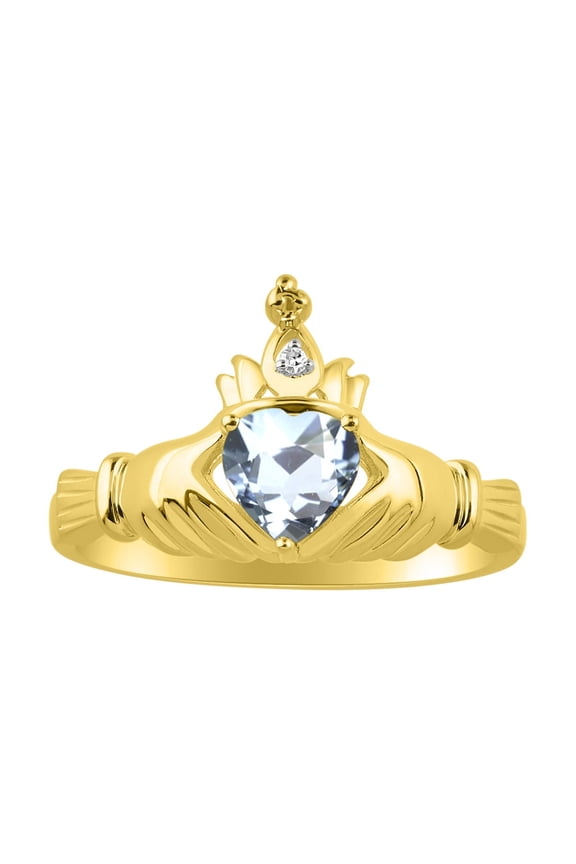 Rings 14K Yellow Gold Claddah Love, Loyalty & Friendship Ring Heart 6MM Gemstone & Diamond Claddagh Rings March Aquamarine Jewelry Size 10