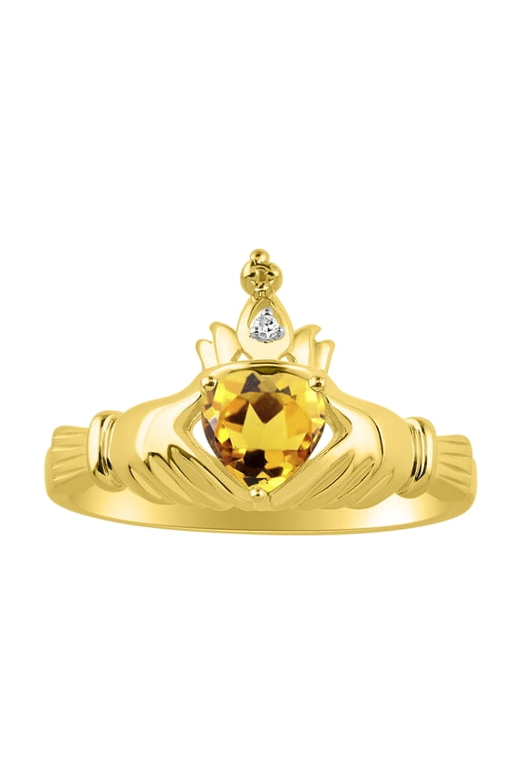 Rings 14K Yellow Gold Claddah Love, Loyalty & Friendship Ring Heart 6MM Gemstone & Diamond Claddagh Rings November Citrine Jewelry Size 6