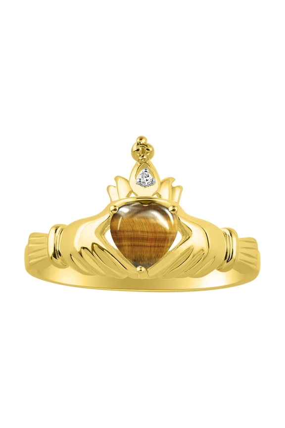 Rings 14K Yellow Gold Claddah Love, Loyalty & Friendship Ring Heart 6MM Gemstone & Diamond Claddagh Rings November Tiger Eye Jewelry Size 13