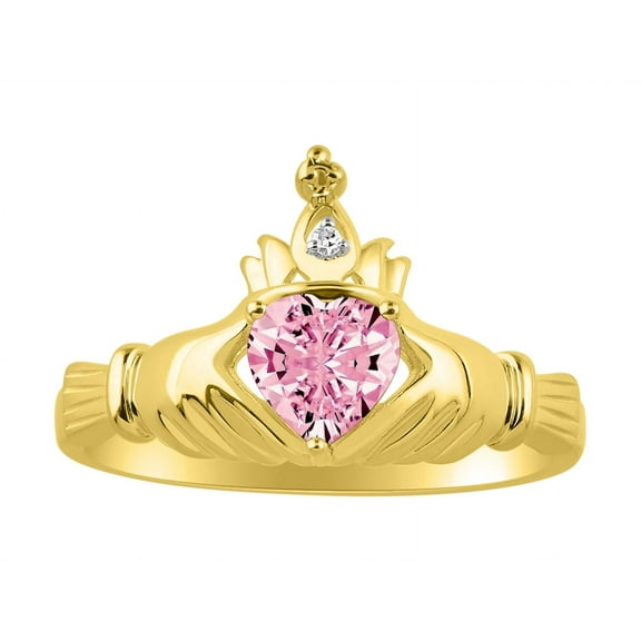 RYLOS Rings 14K Yellow Gold Claddah Love, Loyalty & Friendship Ring Heart 6MM Gemstone & Diamond Claddagh Rings October Pink Ice Jewelry Size 7