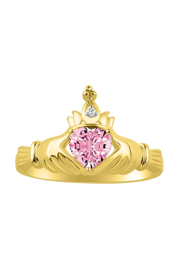 Rings 14K Yellow Gold Claddah Love, Loyalty & Friendship Ring Heart 6MM Gemstone & Diamond Claddagh Rings October Pink Ice Jewelry Size 7