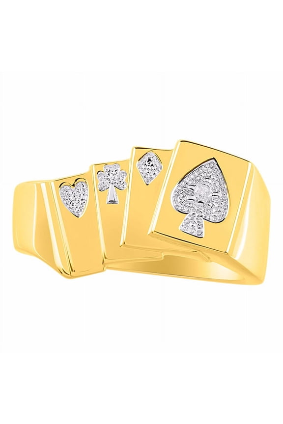 Rings 14K Yellow Gold Designer 4 of a Kind Aces; Lucky Poker Royal Flush Ring with Diamonds – Jewelry Gold Rings Size 7