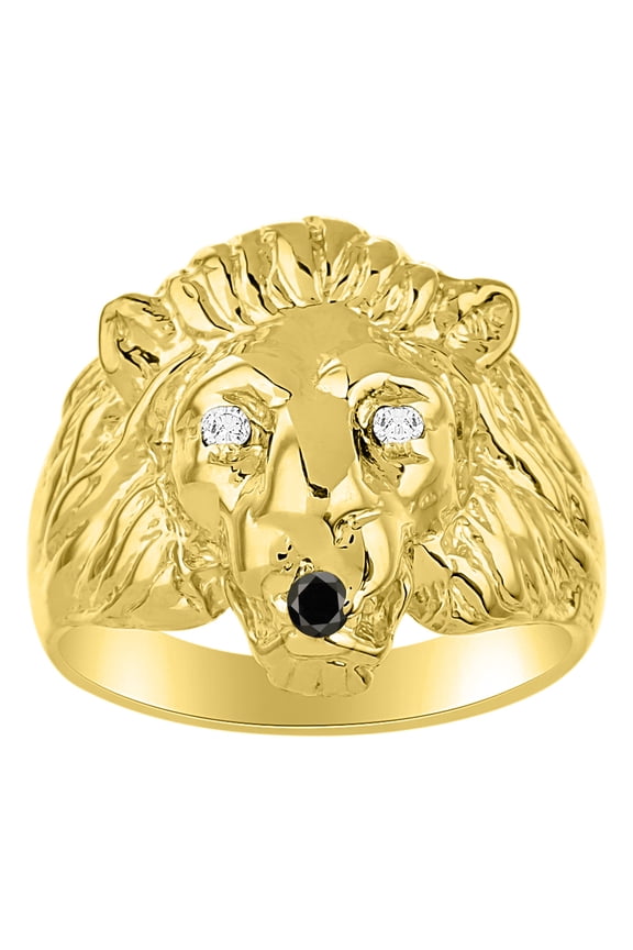 Rings 14K Yellow Gold Lion Head Ring Genuine Diamonds in Eyes & Color Stone Birthstones in Mouth Fun Designer Black Diamond Rings For Men / Women Gold Rings BLACK DIAMONDJewelry Pinky Ring