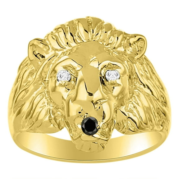 RYLOS Rings 14K Yellow Gold Lion Head Ring Genuine Diamonds in Eyes & Color Stone Birthstones in Mouth Fun Designer Black Diamond Rings For Men / Women Gold Rings BLACK DIAMONDJewelry Pinky Ring