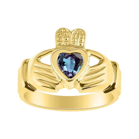 RYLOS Rings Gold Plated Silver Claddah Love, Loyalty & Friendship Heart 6MM Gem Irish Wedding Band Claddagh Rings June Alexandrite Jewelry Size 12