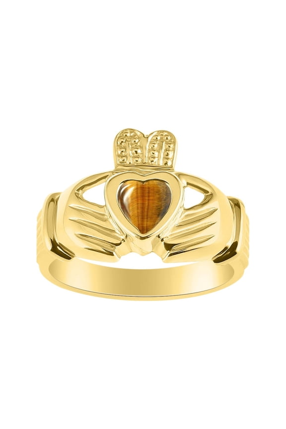 Rings Gold Plated Silver Claddah Love, Loyalty & Friendship Heart 6MM Gem Irish Wedding Band Claddagh Rings Tiger Eye Jewelry Size 5