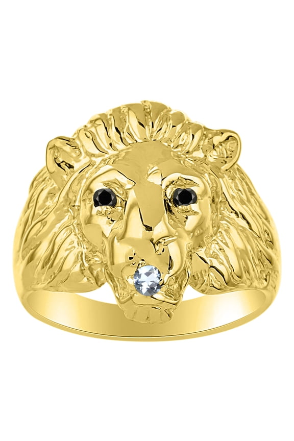 Rings Gold Plated Silver Lion Head Ring Black Diamonds Eyes & Gemstone Mouth Designer Rings Aquamarine Jewelry Size 12