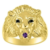 RYLOS Rings Gold Plated Silver Lion Head Ring Black Diamonds Eyes & Gemstone Mouth Fun Designer Rings Amethyst Jewelry Size 6