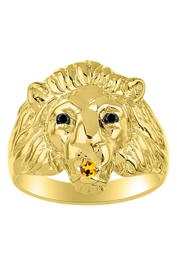 Rings Gold Plated Silver Lion Head Ring Black Diamonds Eyes & Gemstone Mouth Fun Designer Rings Citrine Jewelry Size 10