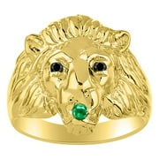 RYLOS Rings Gold Plated Silver Lion Head Ring Black Diamonds Eyes & Gemstone Mouth Fun Designer Rings Emerald Jewelry Size 9