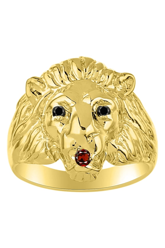 Rings Gold Plated Silver Lion Head Ring Black Diamonds Eyes & Gemstone Mouth Fun Designer Rings Garnet Jewelry Size 6