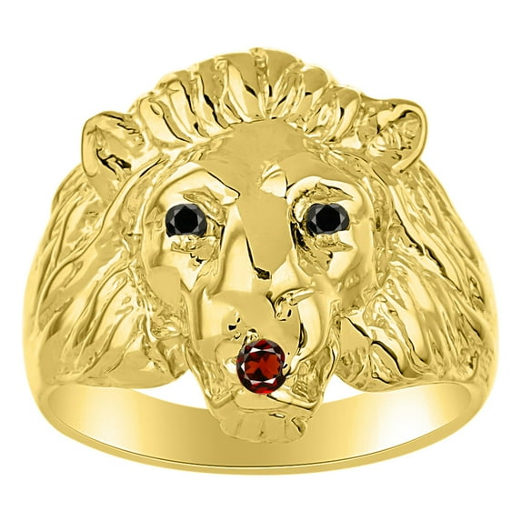 RYLOS Rings Gold Plated Silver Lion Head Ring Black Diamonds Eyes & Gemstone Mouth Fun Designer Rings Garnet Jewelry Size 7