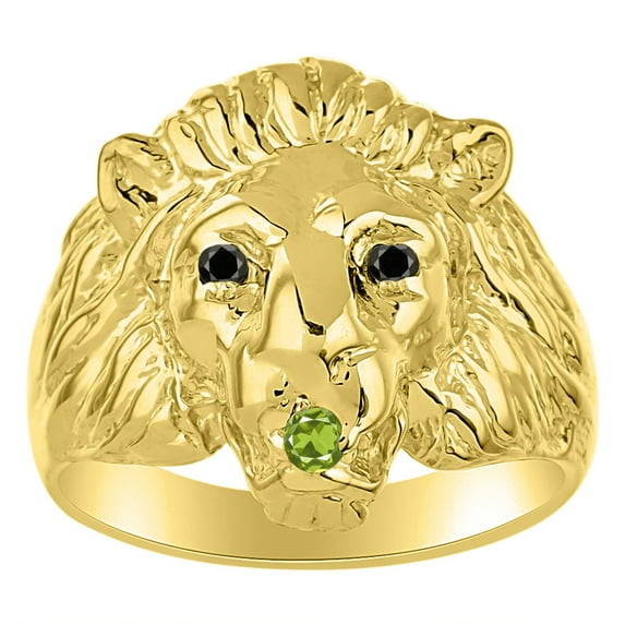 RYLOS Rings Gold Plated Silver Lion Head Ring Black Diamonds Eyes & Gemstone Mouth Fun Designer Rings Peridot Jewelry Size 12