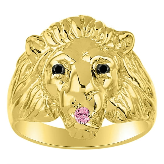 RYLOS Rings Gold Plated Silver Lion Head Ring Black Diamonds Eyes & Gemstone Mouth Fun Designer Rings Pink Ice Jewelry Size 13
