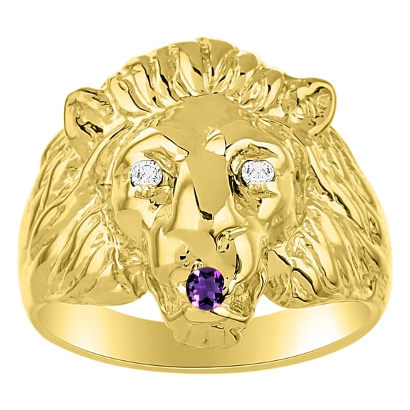 RYLOS Rings Gold Plated Silver Lion Head Ring Diamonds in Eyes & Gemstone Mouth Fun Designer Rings Amethyst Jewelry Size 13