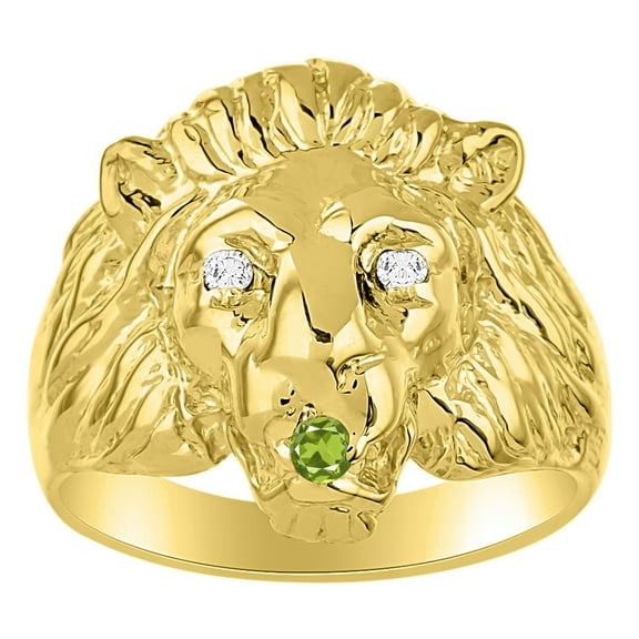 RYLOS Rings Gold Plated Silver Lion Head Ring Diamonds in Eyes & Gemstone Mouth Fun Designer Rings Peridot Jewelry Size 8