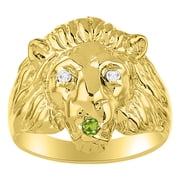RYLOS Rings Gold Plated Silver Lion Head Ring Diamonds in Eyes & Gemstone Mouth Fun Designer Rings Peridot Jewelry Size 8