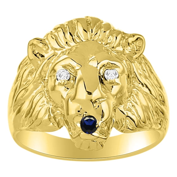 RYLOS Rings Gold Plated Silver Lion Head Ring Genuine Diamonds in Eyes & Color Stone Birthstones in Mouth Fun Designer Sapphire Rings For Men / Women Gold Rings SAPPHIREJewelry Pinky Ring
