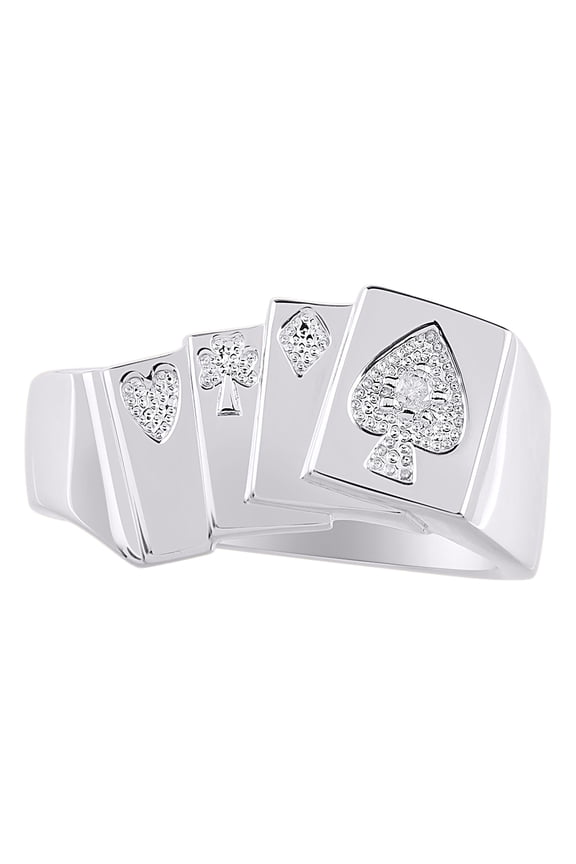 Rings Sterling Silver 4 of a Kind Aces; Lucky Poker Royal Flush Ring with Diamonds Designer Jewelry Size 11