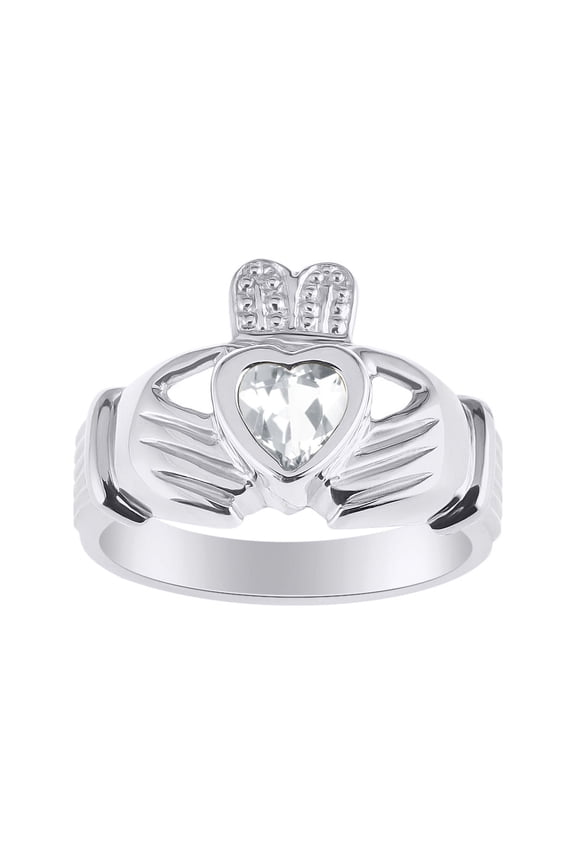 Rings Sterling Silver Claddah Love, Loyalty & Friendship Heart 6MM Gem Irish Wedding Band Claddagh Rings April White Topaz Jewelry Size 6