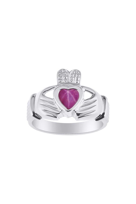 Rings 14K White Gold Claddah Love, Loyalty & Friendship Heart 6MM Gem Irish Wedding Band Claddagh Rings July Star Ruby Jewelry Size 9