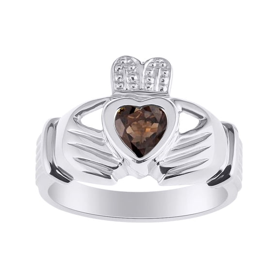 RYLOS Rings 14K White Gold Claddah Love, Loyalty & Friendship Heart 6MM Gem Irish Wedding Band Claddagh Rings Smoky Quartz Jewelry Size 12