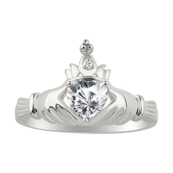RYLOS Rings Sterling Silver Claddah Love, Loyalty & Friendship Ring Heart 6MM Gemstone & Diamond Claddagh Rings April White Topaz Jewelry Size 8