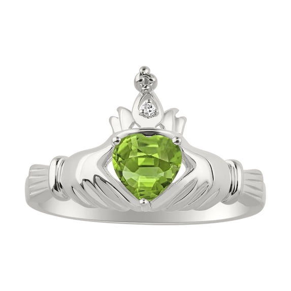 RYLOS Rings Sterling Silver Claddah Love, Loyalty & Friendship Ring Heart 6MM Gemstone & Diamond Claddagh Rings August Peridot Jewelry Size 5