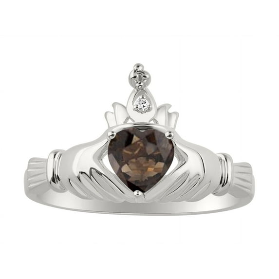 RYLOS Rings Sterling Silver Claddah Love, Loyalty & Friendship Ring Heart 6MM Gemstone & Diamond Claddagh Rings June Smoky Quartz Jewelry Size 8