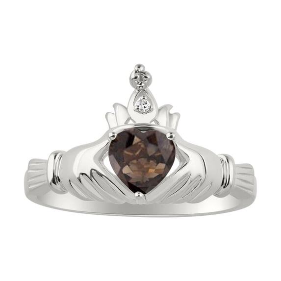 RYLOS Rings Sterling Silver Claddah Love, Loyalty & Friendship Ring Heart 6MM Gemstone & Diamond Claddagh Rings June Smoky Quartz Jewelry Size 9
