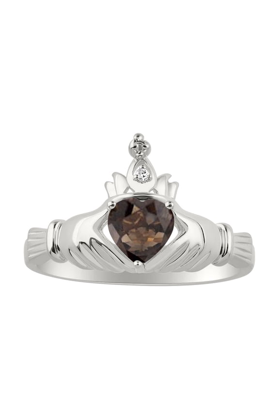 Rings Sterling Silver Claddah Love, Loyalty & Friendship Ring Heart 6MM Gemstone & Diamond Claddagh Rings June Smoky Quartz Jewelry Size 9