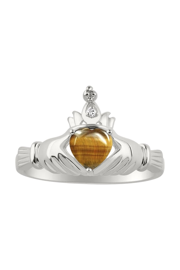 Rings Sterling Silver Claddah Love, Loyalty & Friendship Ring Heart 6MM Gemstone & Diamond Claddagh Rings Tiger Eye Jewelry Size 11