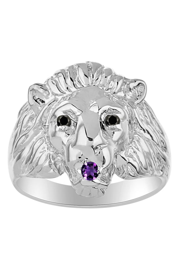 Rings Sterling Silver Lion Head Ring Black Diamonds Eyes & Gemstone Mouth Fun Designer Rings Amethyst Jewelry Size 11