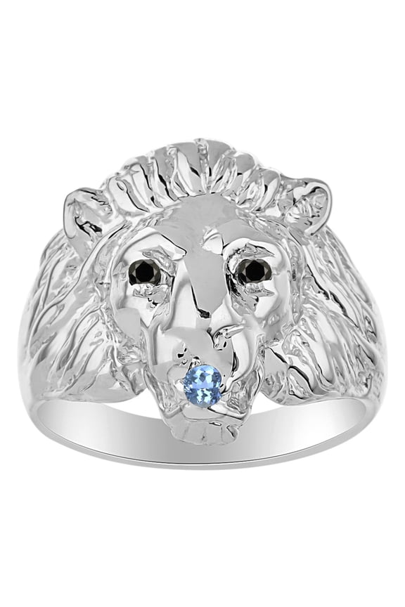 Rings Sterling Silver Lion Head Ring Black Diamonds Eyes & Gemstone Mouth Fun Designer Rings Blue Topaz Jewelry Size 10