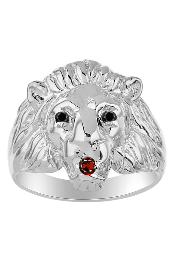 Rings Sterling Silver Lion Head Ring Black Diamonds Eyes & Gemstone Mouth Fun Designer Rings Garnet Jewelry Size 6