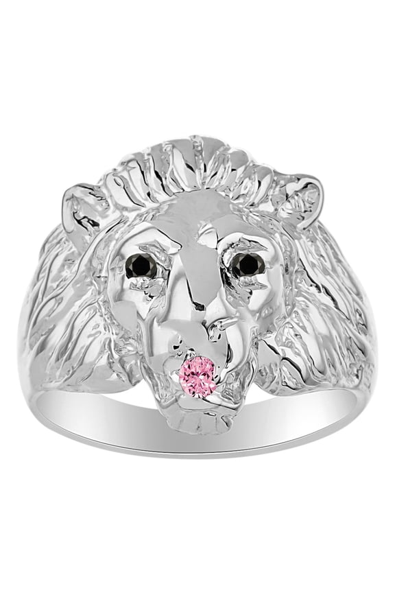 Rings Sterling Silver Lion Head Ring Black Diamonds Eyes & Gemstone Mouth Fun Designer Rings Pink Ice Jewelry Size 13