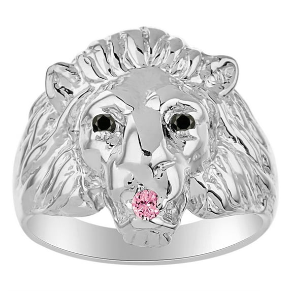 RYLOS Rings Sterling Silver Lion Head Ring Black Diamonds Eyes & Gemstone Mouth Fun Designer Rings Pink Ice Jewelry Size 6