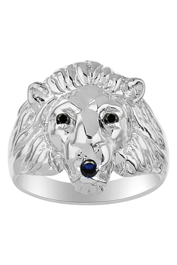 Rings Sterling Silver Lion Head Ring Black Diamonds Eyes & Gemstone Mouth Fun Designer Rings Sapphire  Jewelry Size 7