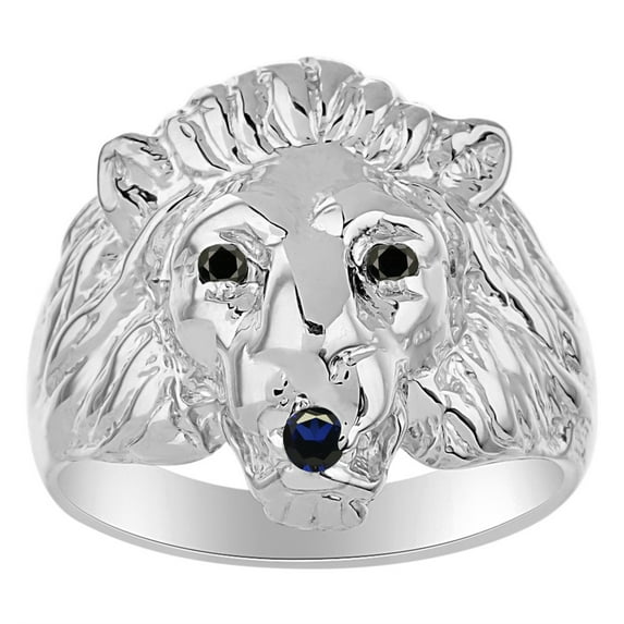 RYLOS Rings Sterling Silver Lion Head Ring Black Diamonds Eyes & Gemstone Mouth Fun Designer Rings Sapphire Jewelry Size 8